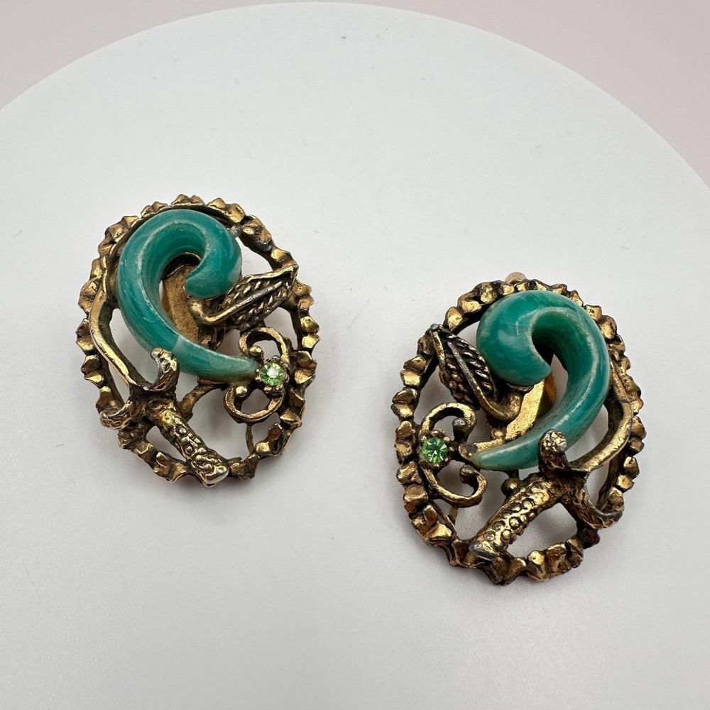 Vintage 80s Brass Tone Turquoise Green Cabochon Statement Clip Earrings Jewelry - Picture 4 of 9